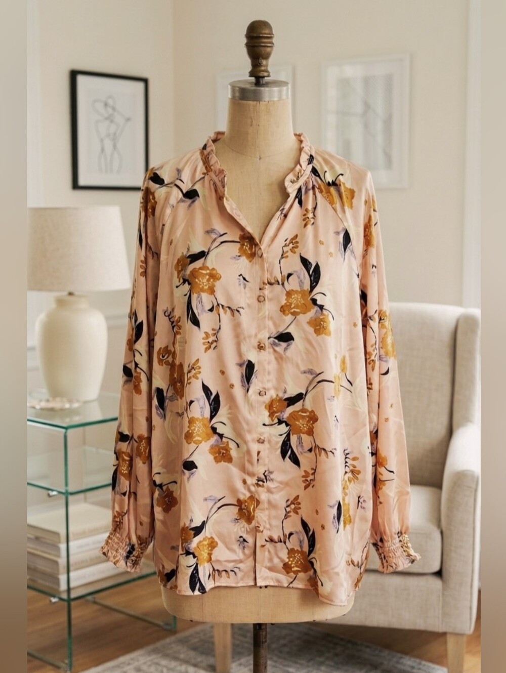 ​Spartina 449 XXL Ruffle Neck Boho Blouse - Tan with Golden Floral Motif